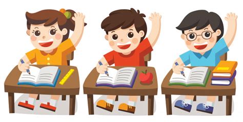 Premium Vector Children Sitting At School Desk And Hand Up To Answer
