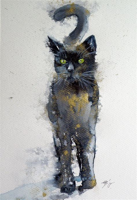 Black Cat In Gold Ii Watercolour Painting By Kovács Anna Brigitta