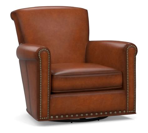 Irving Roll Arm Leather Swivel Armchair With Nailheads In 2021 Swivel