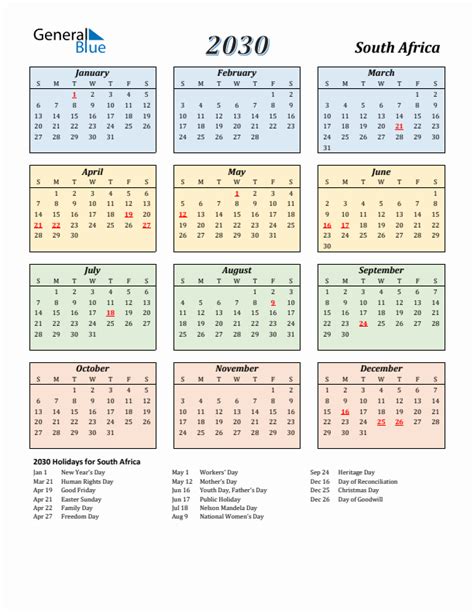 2030 South Africa Calendar With Holidays