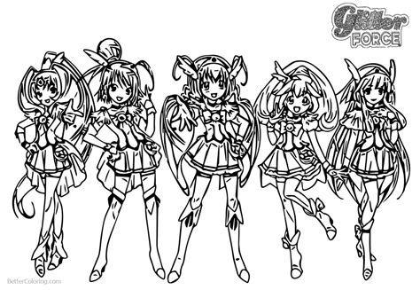 Glitter Force Coloring Pages Five Girls Free Printable Coloring Pages