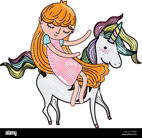 Scribbled Beauty Girl And Unicorn With Nice Hairstyle Stock Vector