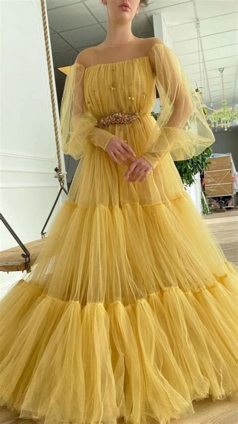 Yellow Tulle Long Prom Dress Evening Dresses Prom Dresses Illusion Neckline Prom Dress