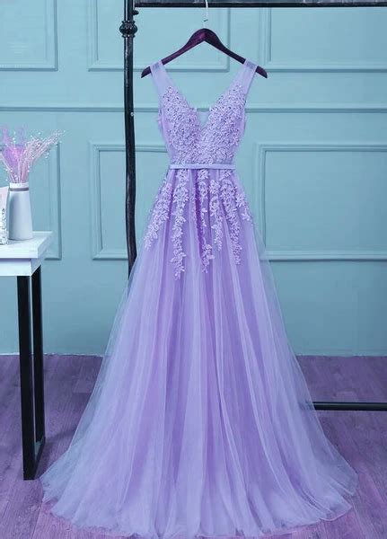 Beautiful Light Purple Tulle Long Party Gown A Line V Neckline Prom Dress