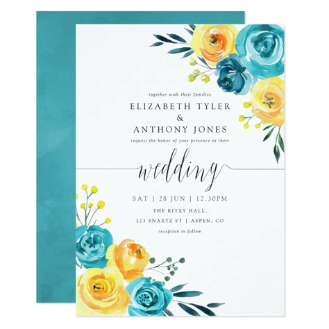 Turquoise And Yellow Watercolor Floral Wedding Invitation Zazzle