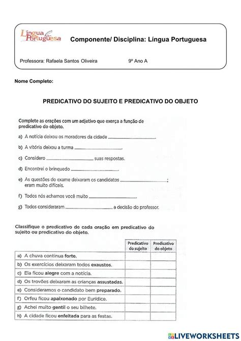 Atividades Predicativo Do Sujeito E Do Objeto