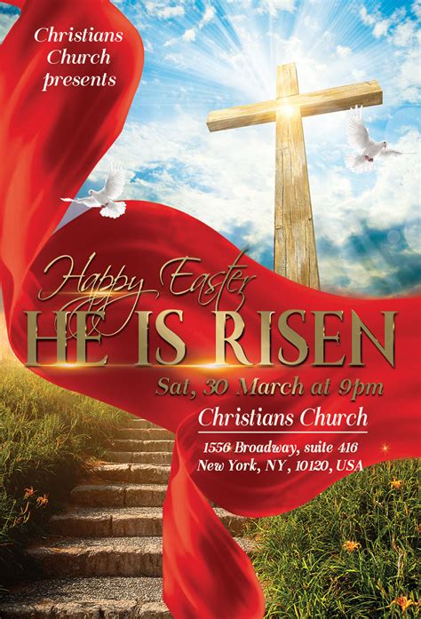 Statue of jesus christ appears in the clouds christianity symbol. He Is Risen Happy Easter Church Flyer