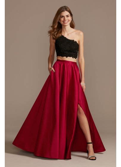 Asymmetric Lace Crop Top And Satin Split Skirt Set David S Bridal