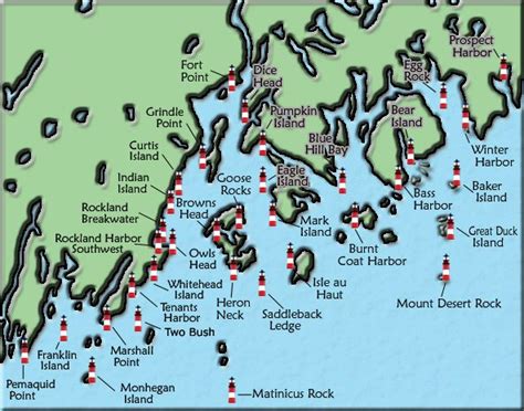 Acadia And Penobscot Bay Maine Lighthouse Map Maine Lighthouses Map