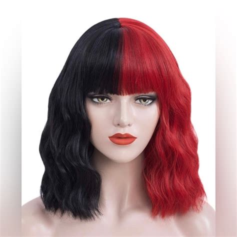 Hair Half Red Half Black Wig Short Curly Wavy Bob Hair Wig W Bangs