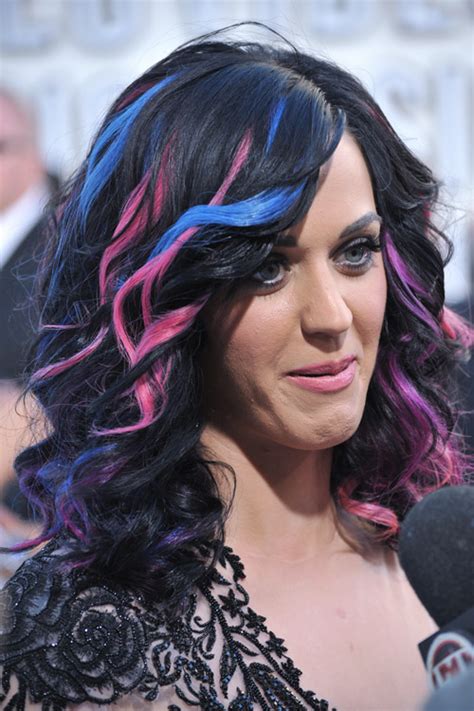 Katy Perry Wavy Black Peek A Boo Highlights Hairstyle Steal Her Style