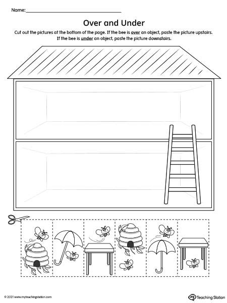 Positional words worksheet: in front of, behind, inside, next to, on top of, under