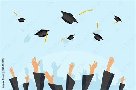 Graduating Students Hats Or Pupil Hands In Gown Throwing Graduation