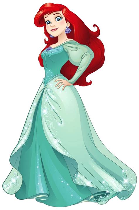 Ariel From The Babe Mermaid With Red Hair And Blue Dress Standing In Front Of Black Background