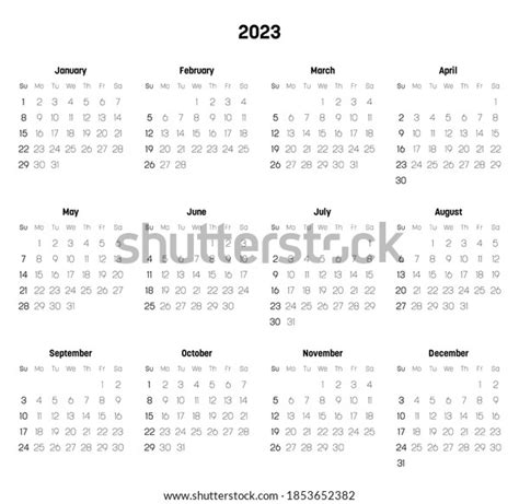Monthly Calendar Year 2023 Week Starts เวกเตอร์สต็อก ปลอดค่าลิขสิทธิ์