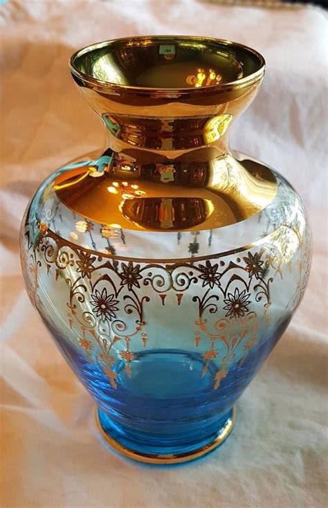 Moser Vintage Glass Vase Blue With Gold Etching 1894963059 Glass Paperweights Moser