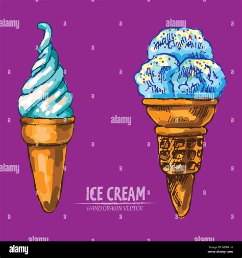 Digital Vector Detailed Line Art Ice Cream In Waffle Cones Hand Drawn