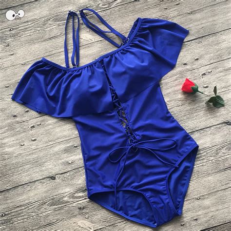 New Off Shoulder One Piece Swimsuit Women 2018 Solid Swimwear Push Up