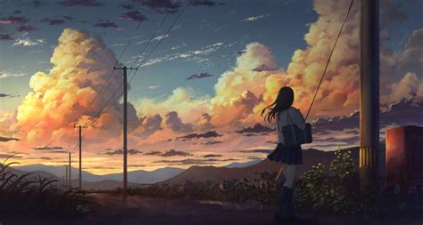 Anime Girl Outside Power Lines Clouds 4k Wallpaperhd Anime Wallpapers