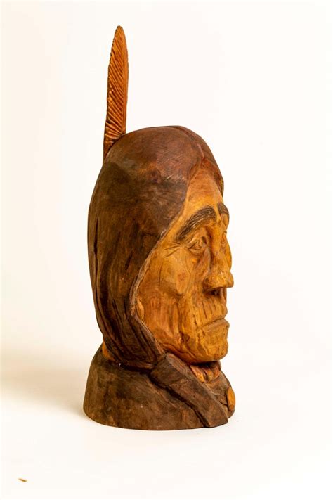 20th Century Hand Carved Wood Bust Native American Sculpture By Duane