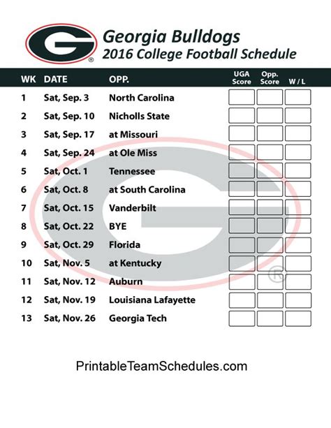 2021 Georgia Bulldogs Football Schedule Printable