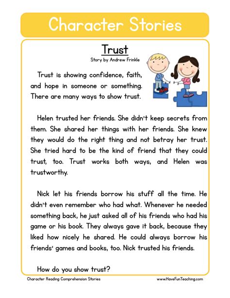 Trust Character Reading Comprehension Worksheet Have Fun Teaching