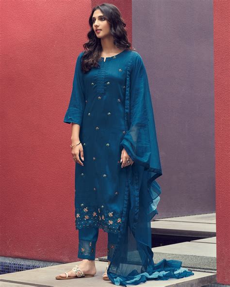 royal blue embroidered kurta with pants and ruffled dupatta set of three by autumn lane the