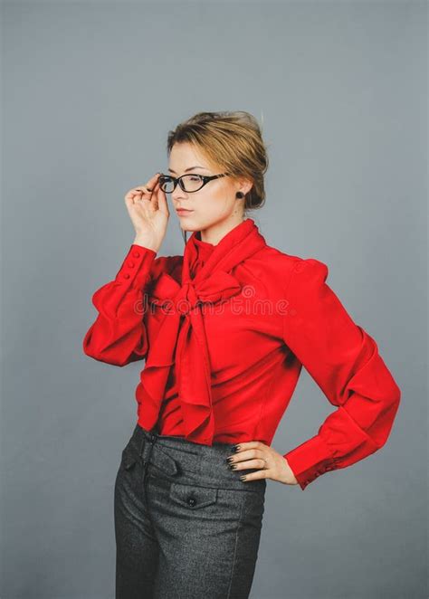 woman in red blouse and glasses stock image image of answer pensive 71517391