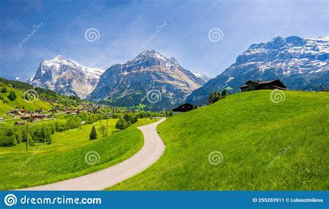 Amazing Landscape Of Alpine Village Grindelwald With Eiger Mountain