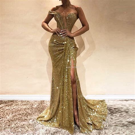 Stunning Gold Mermaid Prom Dress Leg Split Women Evening Party Wear
