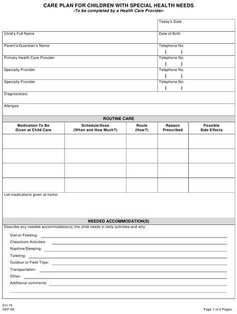 Which health insurance plan will be the best fit for you? Form CH-15 Download Printable PDF or Fill Online Care Plan for Children With Special Health ...