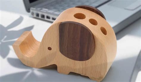 Wooden Elephant Shaped Pen Holder Mobile Display Stand Woodworking