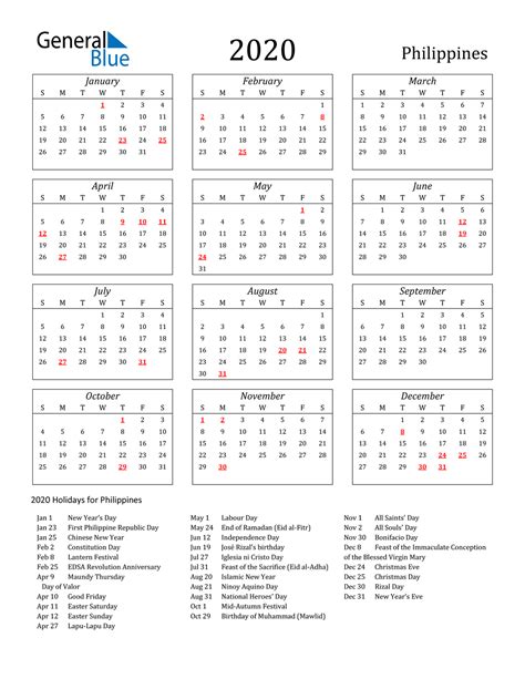 2020 Philippines Calendar For Vacation Tracking Free Printable