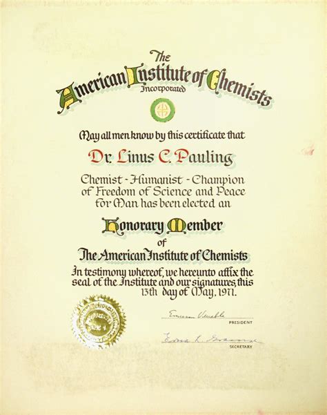 The American Institute of Chemists, Certificate of Honorary Membership