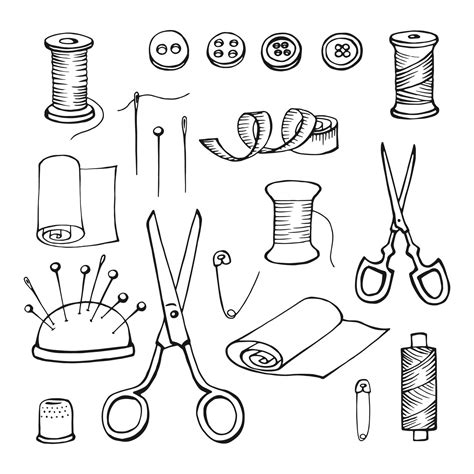Hand Drawn Sewing Tools Thread Needle Pins Scissors Buttons Vector Illustration