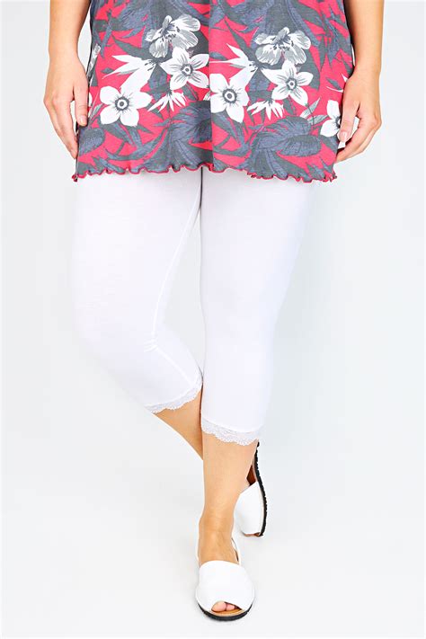 White Cotton Elastane Crop Legging With Lace Hem Plus Size 16 To 32