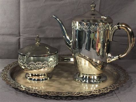 Vintage Silver Tea Set, Decorative Silver Plated Tray Teapot Sugar Bowl