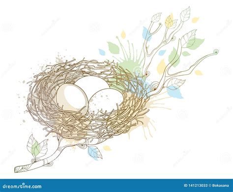 Vector Drawing Of Outline Tree Branch With Bird Nest With Three Eggs In