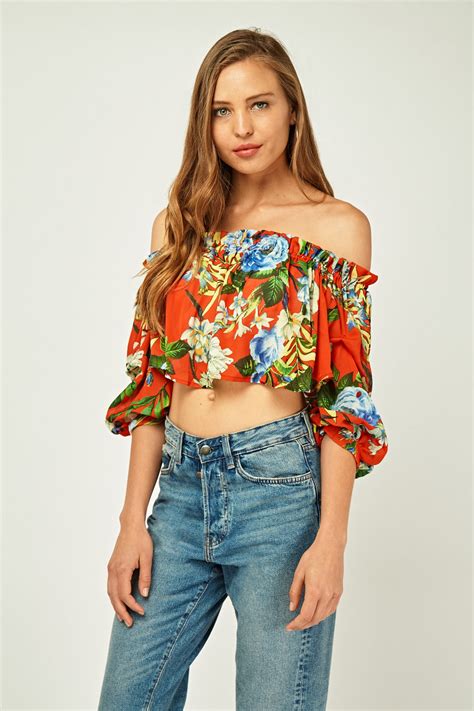 Up to 30% off street styles. Floral Printed Off Shoulder Crop Top - Just $3