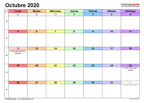 Calendario Octubre 2020 En Word Excel Y Pdf Calendarpedia