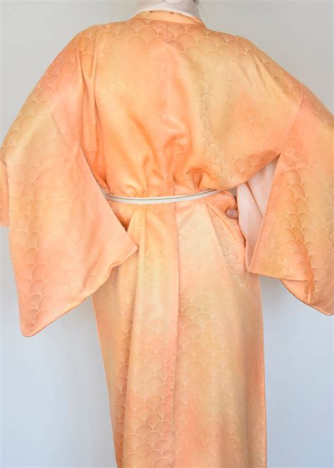 Japanese Vintage Kimono Robe Silk In Apricot With Obijime Belt House Wear Gown Elegant Wear