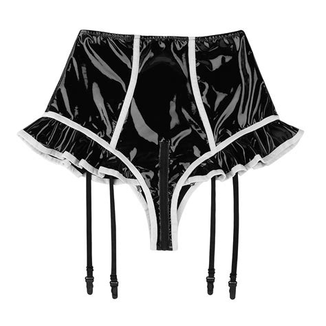 Buy Msemis Women Wetlook Faux Leather Ruffled Booty Shorts Zipper Wet Look Hot Pants Dance