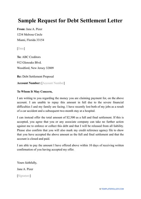 Sample Request For Debt Settlement Letter Download Printable Pdf
