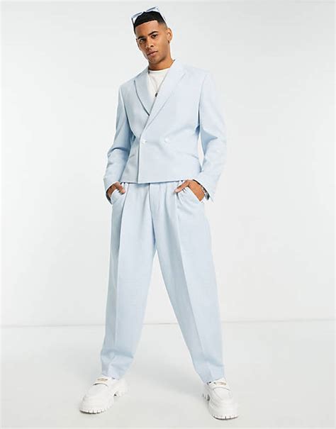 Asos Design Slim Cropped Suit Jacket In Blue Puppytooth Asos