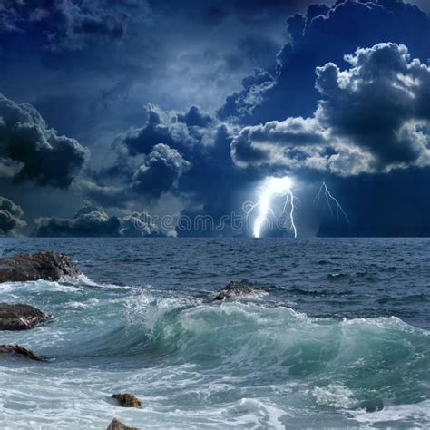 Stormy Sea Lightnings Stock Image Image Of Light Force 30322549