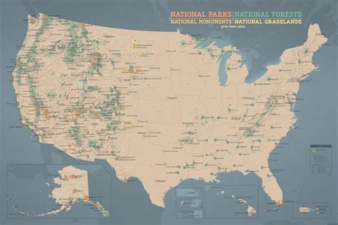 Us National Parks Monuments And Forests Map 24x36 Poster Tan And Slate