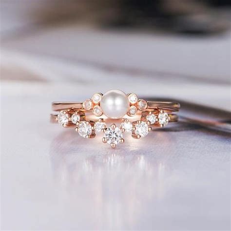 Akoya Pearl Engagement Ring Set Rose Gold Bridal Set Curved Etsy