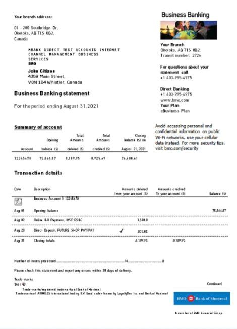 Canada Bmo Bank Of Montreal Bank Statement Easy To Fill Template In X