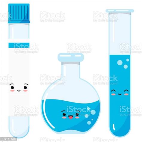 Emoji Glass Test Tubes And Flack Icon Set With Blue Liquid Reagents