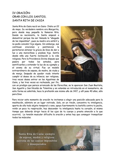 1.1 oración para los enfermos. IV ORACIÓN: ORAR CON LOS SANTOS. SANTA RITA DE CASIA